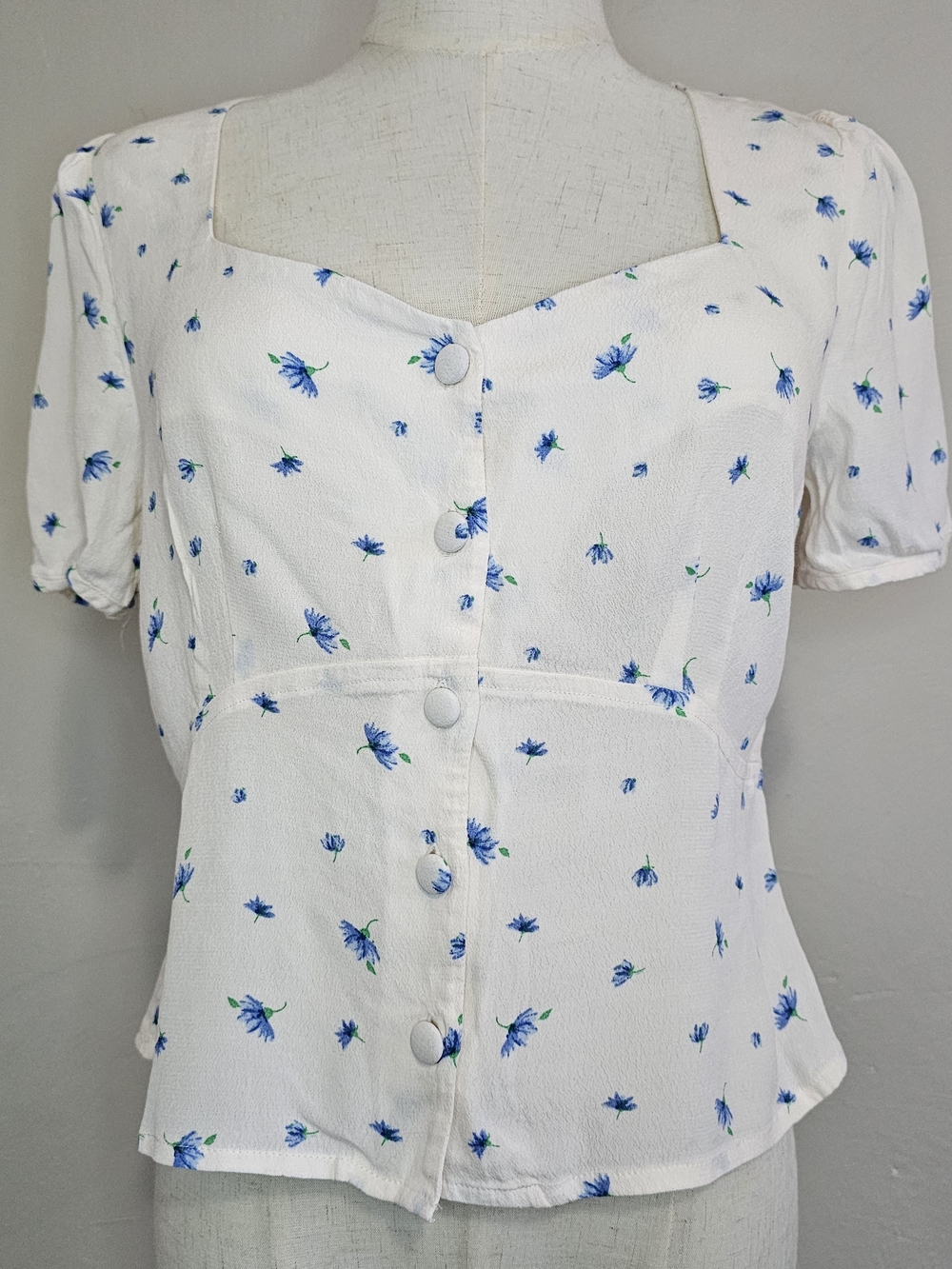 Sophie Rue Blue Ditsy Floral Sweetheart Milkmaid Blouse Top Sz Small